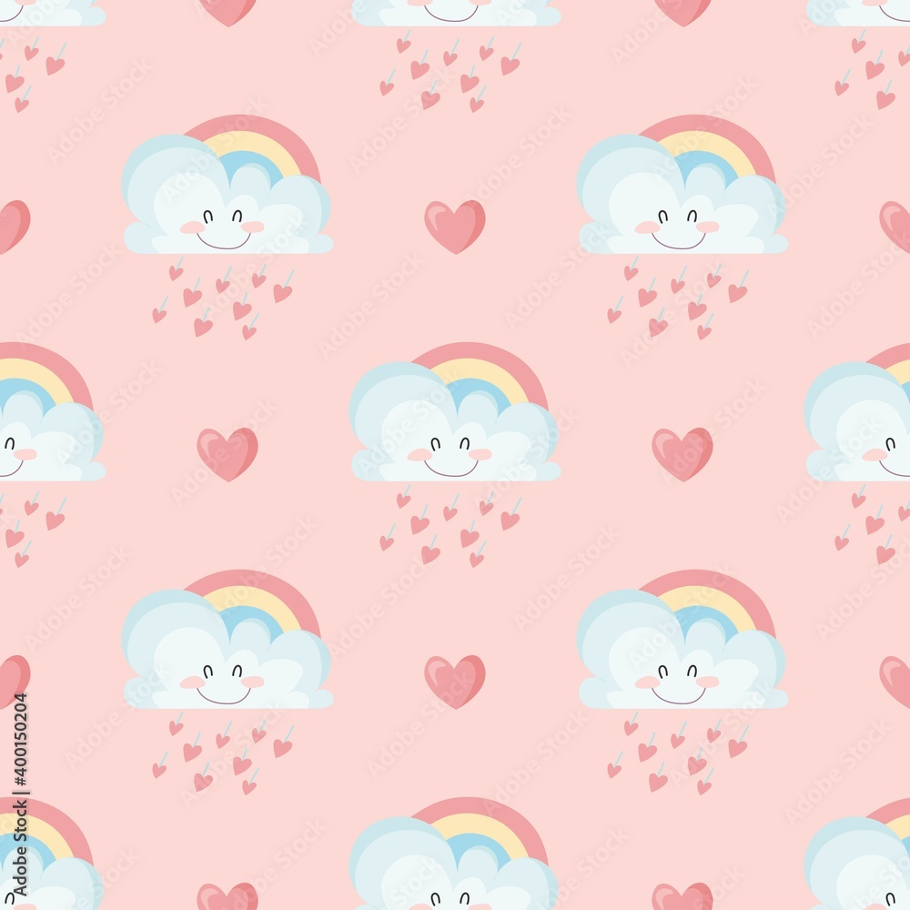 seamless pattern with cute clouds. vector illustration of cute cloud with rainbow in cartoon style