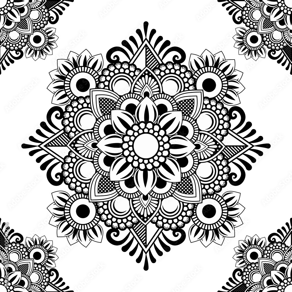 Hand-drawn mandala with ethnic floral doodle pattern. Coloring page - zendala, design for spiritual relaxation for adults, vector illustration, isolated on a white background. Zen doodles.