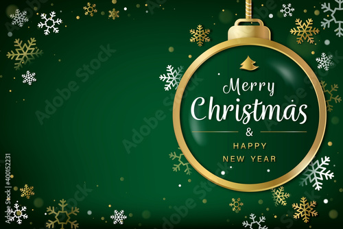 Merry Christmas and happy new year green background with snowflakes, bauble and copy space