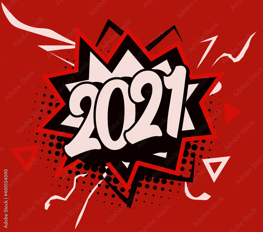 Fototapeta premium Cracker bang with 2021 numbers, comic book style speech, cartoon isolated logo for banner, poster, posts, and greeting card, vector illustration