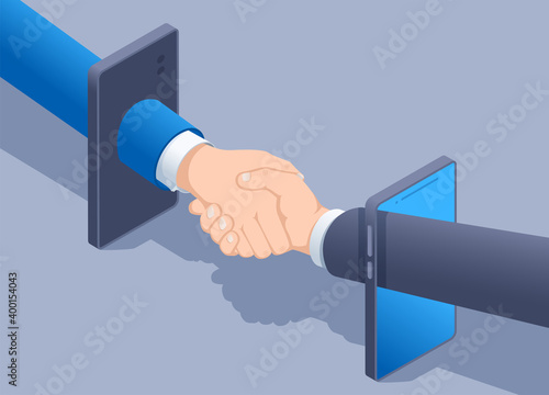 isometric vector illustration on gray background, handshake through smartphone screen, online business meeting