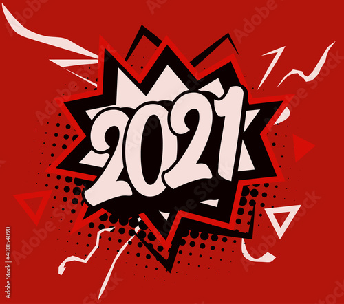 Cracker bang with 2021 numbers, comic book style speech, cartoon isolated logo for banner, poster, posts, and greeting card, vector illustration