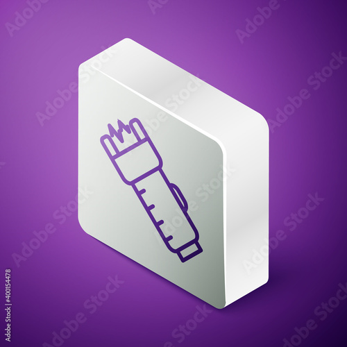 Isometric line Police electric shocker icon isolated on purple background. Shocker for protection. Taser is an electric weapon. Silver square button. Vector.