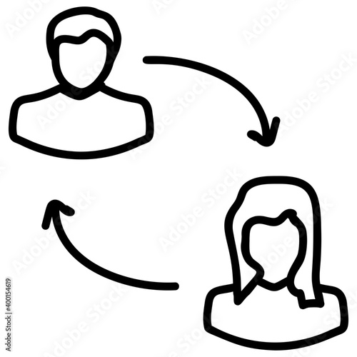 Man and female with reversible arrow, employee turnover concept.