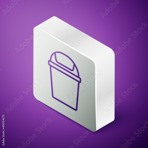 Isometric line Trash can icon isolated on purple background. Garbage bin sign. Recycle basket icon. Office trash icon. Silver square button. Vector.