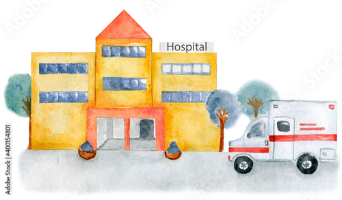 Hospital outside. Building of Medical care. Medical institution. Ambulance car parked at clinic. Watercolor hand-drawn illustration. Isolated on white.
