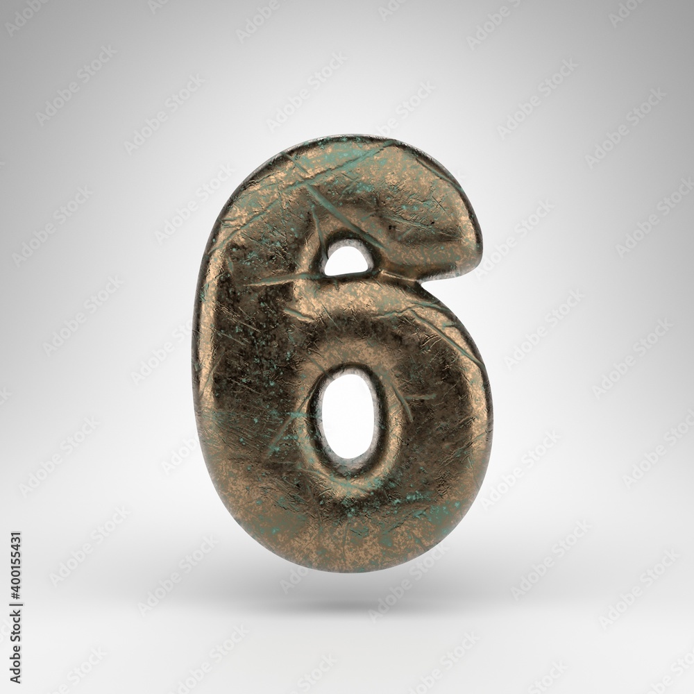 Number 6 on white background. Bronze 3D number with oxidized scratched texture. Number 6 on white background. Bronze 3D number with oxidized scratched texture.