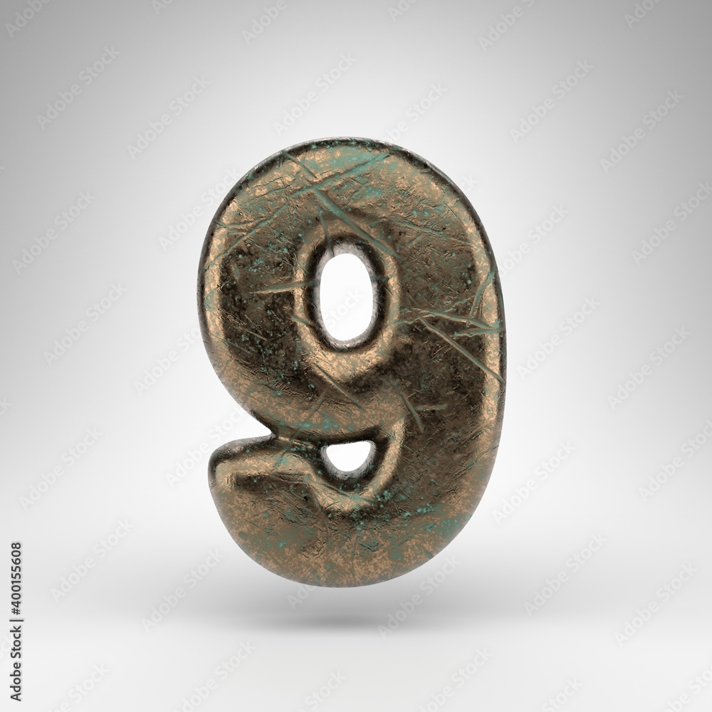 Number 9 on white background. Bronze 3D number with oxidized scratched texture. Number 9 on white background. Bronze 3D number with oxidized scratched texture.