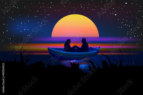 Romantic silhouette of loving couple at sunset in a boat. Valentines Day. Happy Lovers. Beautiful view at sunset. Woman and a man are sitting opposite each other in a boat. Stock vector illustration