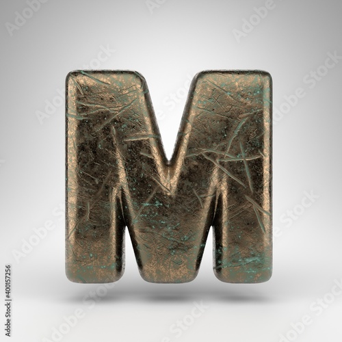 Letter M uppercase on white background. Bronze 3D letter with oxidized scratched texture.