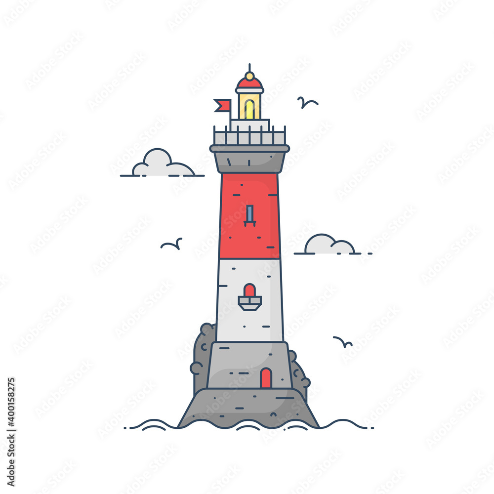 Lighthouse on rock island in middle of sea with clouds and waves in flat style. Vector illustration of seascape