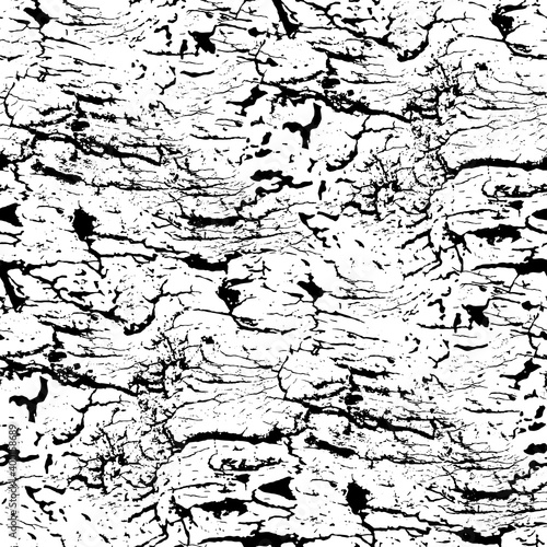 Grunge craquelure abstract vector seamless pattern background. Dense black stretching horizontal crackle lines on white backdrop. Painterly veined crack glaze design. Monochrome texture all over print