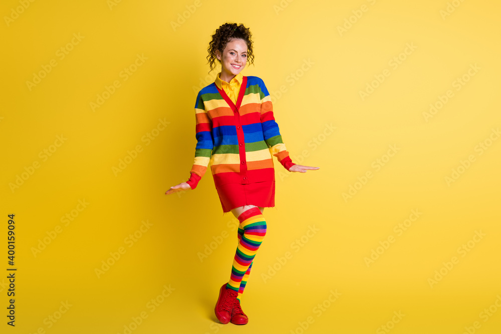 Full length photo of attractive teen girl wear rainbow red skirt shoes isolated shine color background