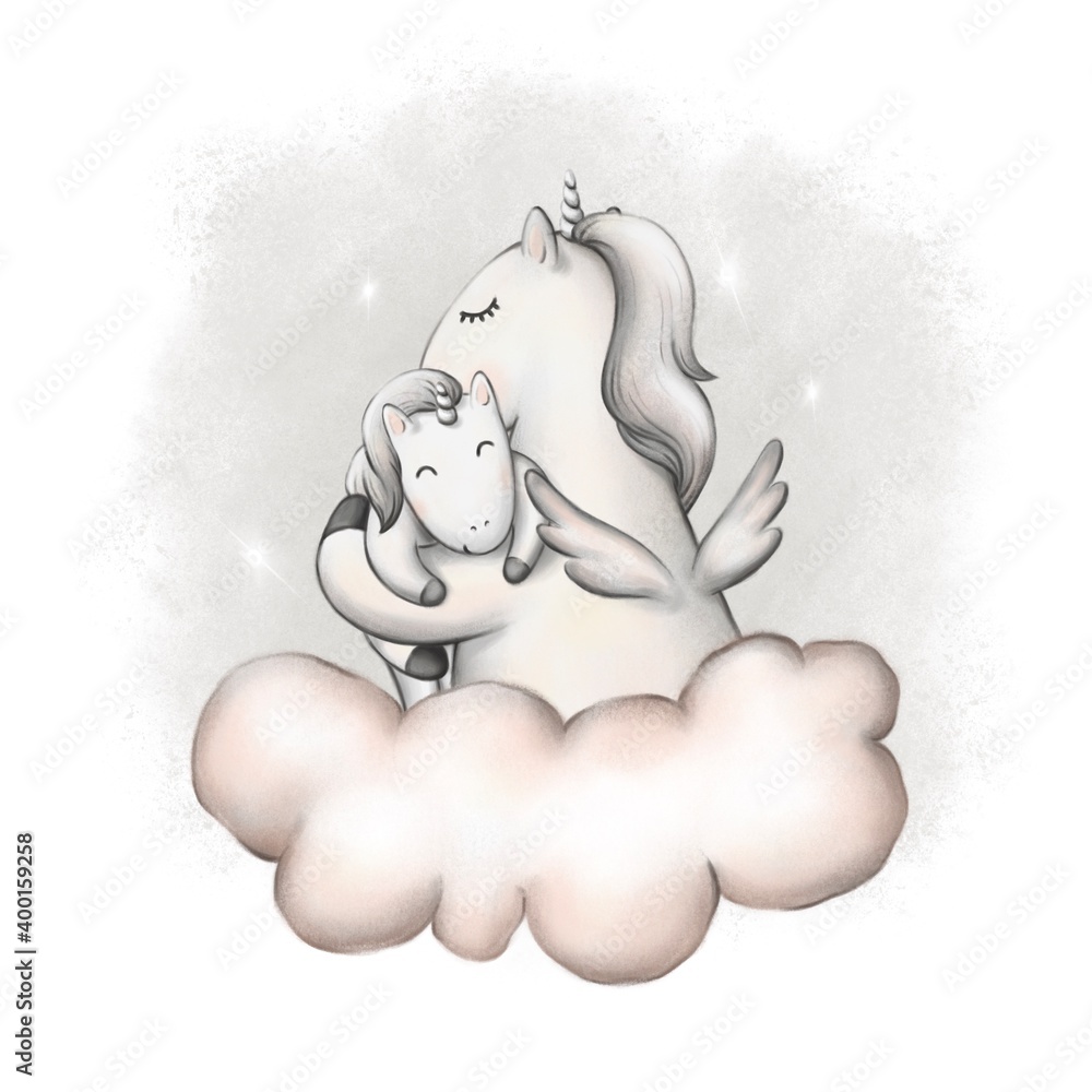 mom and baby unicorn. cute animals illustration. poster for the nursery, postcard. mom and baby unicorn. cute animals illustration. poster for the nursery, postcard.
