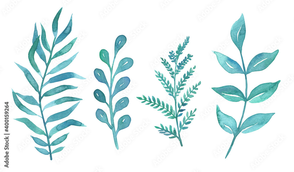 Hand drawn set of 4 turquoise branches and leaves. Watercolor illustrations. Eucalyptus. Floral spring greenery design elements. Perfect for wedding invitations, cards, invitations, banners, posters.