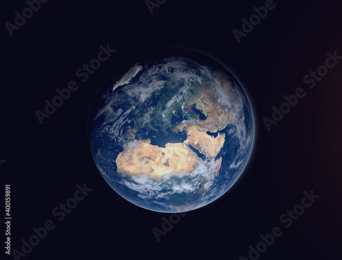 Realistic render of Earth as seen from space, against black space. Rendered using NASA data. © Ian
