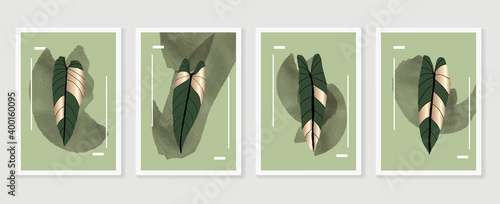 Botanical and gold abstract wall arts vector collection.  Golden and luxury pattern design with leaves line arts, Hand draw Organic shape design for wall framed prints, canvas prints, poster, home dec