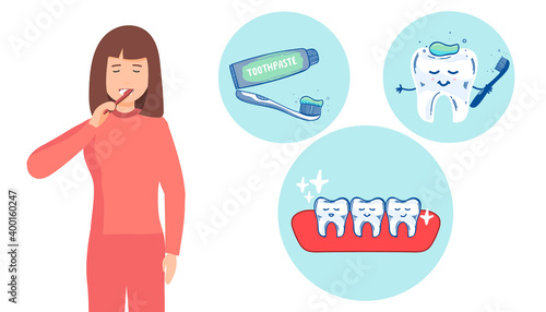 woman brushing his teeth. Vector illustration of a flat design. teeth cleaning, healthy teeth. concept, infographic.