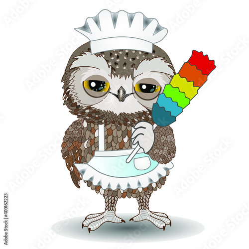 emoji with happy owl maid wearing a retro domestic servant hat holds a synthetic duster or dusting brush while doing a cleaning job, hand drawn emoticon