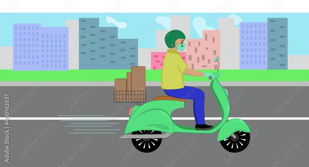a man on a scooter works in delivery. a man on a delivery scooter wearing a mask and gloves.