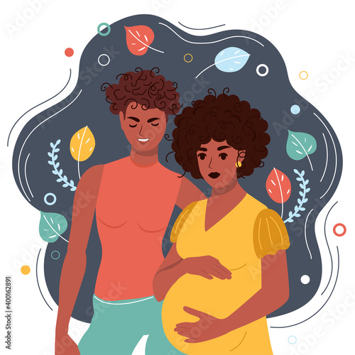 African LGBT couple or family. Female transgender romantic partners who are expecting a baby. Motherhood. Vector illustration in flat cartoon style.