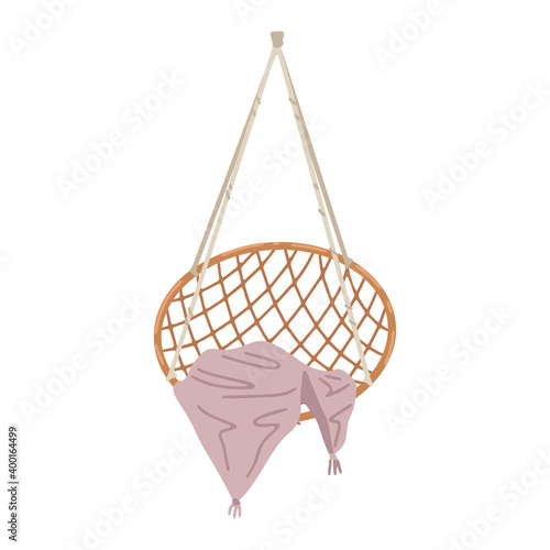 Hanging rattan swing chair. Wicker furniture. Vector simple drawing, cartoon flat style