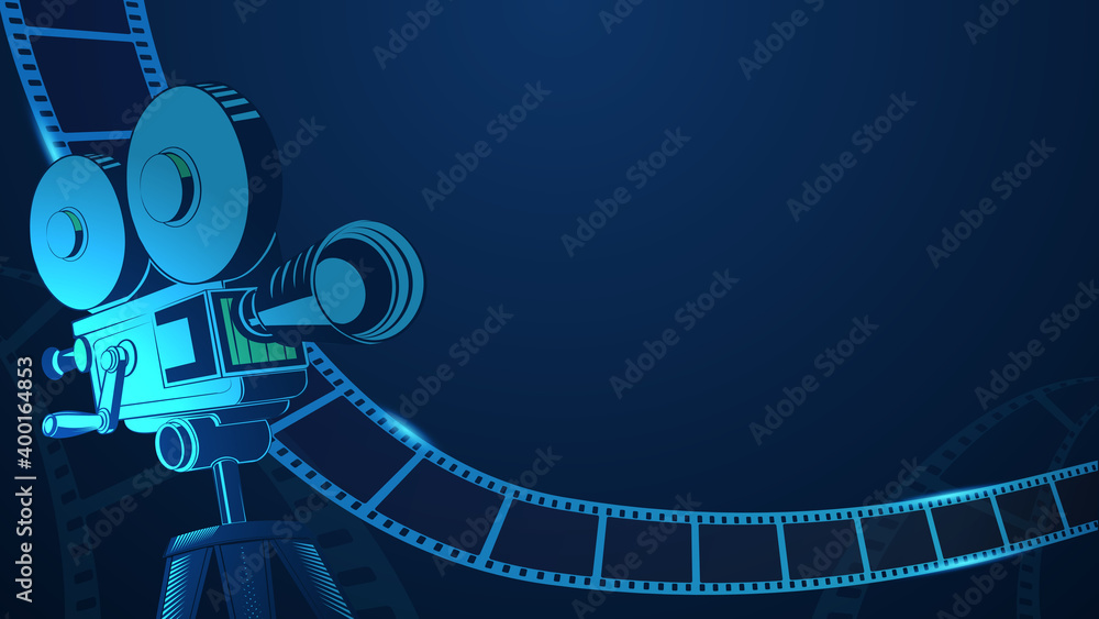 Cinema background with movie projector and film strip. 3d isometric style.  Movie festival poster with place for text. Art design filmstrip template  for advertisement, poster, brochure, banner, flyer. Stock Vector | Adobe