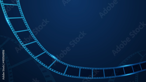 Realistic 3d Film strip in perspective on blue background with place for text. Modern Cinema background. Movie festival poster. Template for backdrop, brochure, leaflet, ad, presentation, banner.