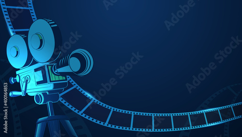 Cinema background with movie projector and film strip. 3d isometric style. Movie festival poster with place for text. Art design filmstrip template for advertisement, poster, brochure, banner, flyer.