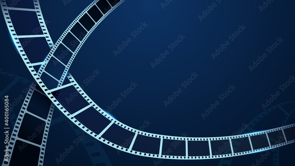 Realistic 3D film strips isolated on blue background. 3d isometric style. Festive cinema template with place for text. Design cinema element for advertisement, poster, brochure, banner, ticket, flyer.