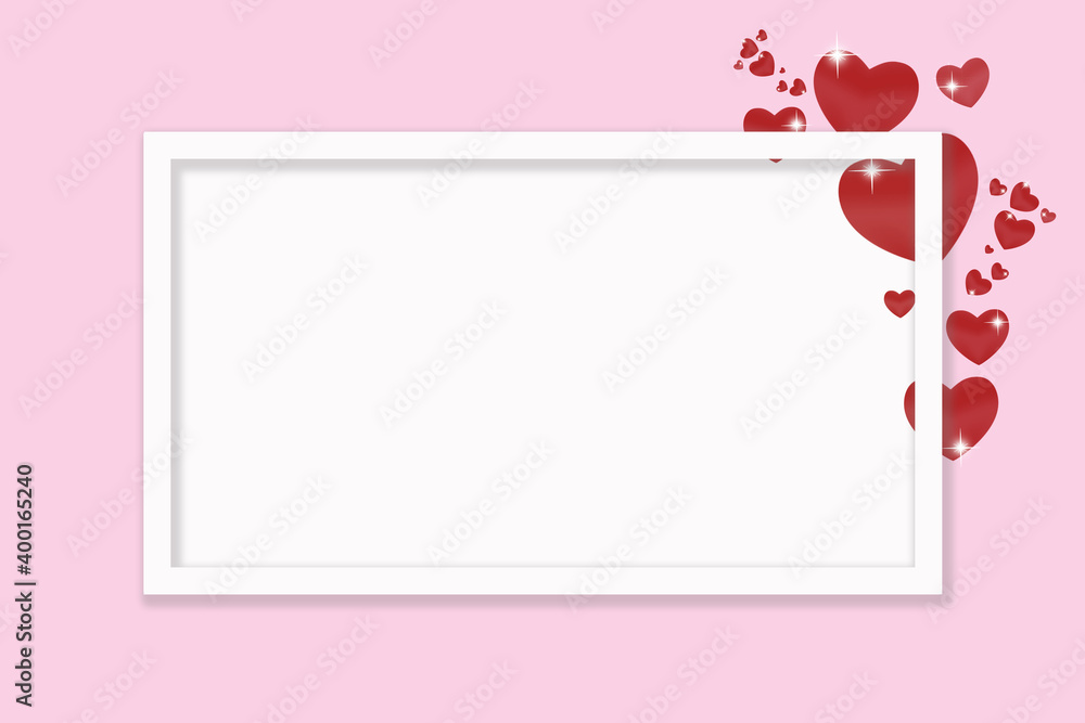 White frame with place for text on a pink background with red hearts. Greeting cards, celebration concept