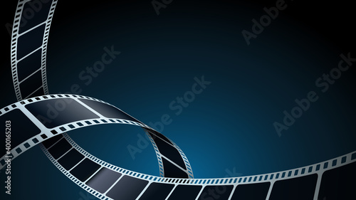 Realistic 3d film strips in perspective. Modern Cinema Background. Template poster for cinema festival. Movie design film strip for advertisement, poster, brochure, banner, flyer. Isometric style.