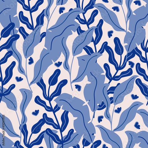 Seamless floral pattern with blue leaves vector illustration. Good for wallpaper, paper, greeting card, textile, fabric, product packaging, stationary.