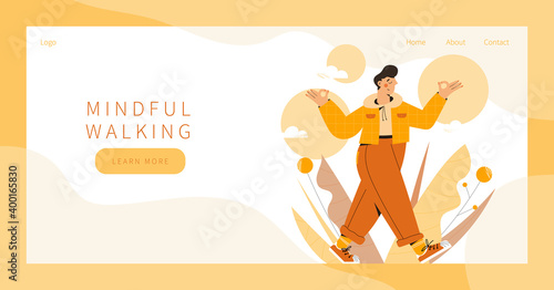 Cute man practicing mindful walking exercise in nature and leaves. Concept illustration for meditation, relax, recreation, healthy lifestyle, mindfulness practice. Landing page, banner design