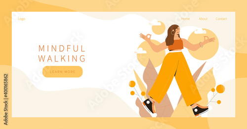 Cute woman practicing mindful walking exercise in nature and leaves. Concept illustration for meditation, relax, recreation, healthy lifestyle, mindfulness practice, spiritual discipline. Landing page