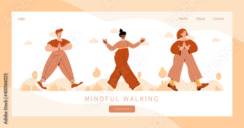 Set of people practicing mindful walking exercise in nature. Concept illustration for meditation, relax, recreation, healthy lifestyle, mindfulness practice. Landing page, banner design