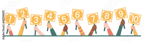 Hands holding scorecards with numbers from 1 to 10 vector isolated. Jury showing result. Group of judges with signs.