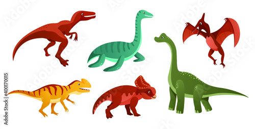 Jurassic dinosaurs are depicted on a white background. Colorful dinosaurs cartoon character illustration. Vector illustration