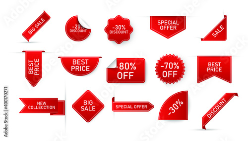Package of red price tags with letters isolated on white background. Red signs for product designation. Big discounts for winter holidays. Vector illustration