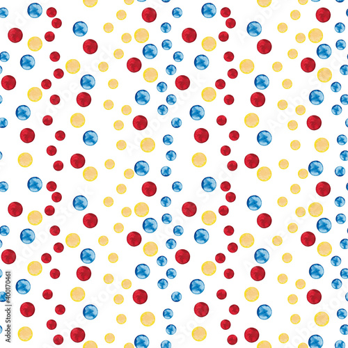 Fototapeta Naklejka Na Ścianę i Meble -  Seamless pattern of red, yellow, blue dots in line chaotic order. Digital paper. Christmas, Birthday, Valentine's Day wrapping package texture. Watercolor hand drawn elements on white background.