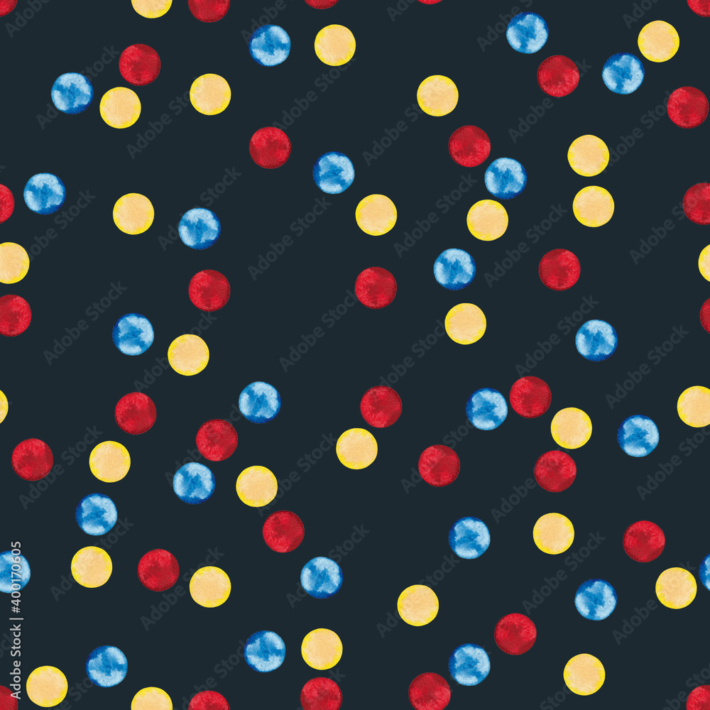 Seamless pattern of red, yellow, blue dots in chaotic order. Digital paper. Christmas, Birthday, Valentine's Day wrapping package texture. Watercolor hand drawn elements on dark blue background. Seamless pattern of red, yellow, blue dots in chaotic order. Digital paper. Christmas, Birthday, Valentine's Day wrapping package texture. Watercolor hand drawn elements on dark blue background.