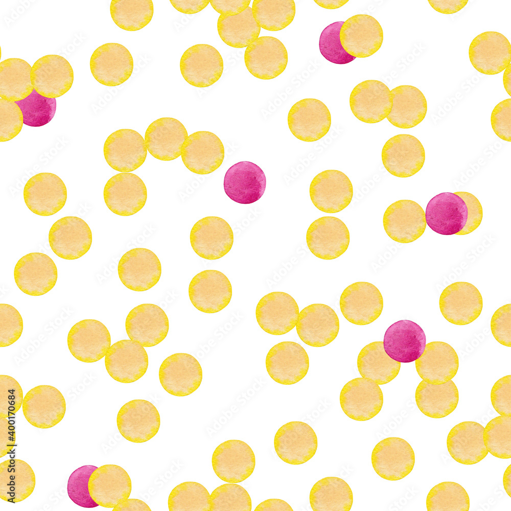 Seamless pattern of pink and yellow dots in random order. Christmas, Birthday, Valentine decoration background, wrapping paper texture. Watercolor hand drawn isolated elements on white background.