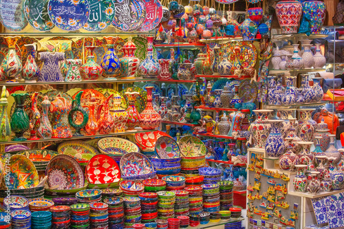 Traditional decorated turkish souvenirs sold in Grand Bazaar in Istanbul, popular tourist attraction
