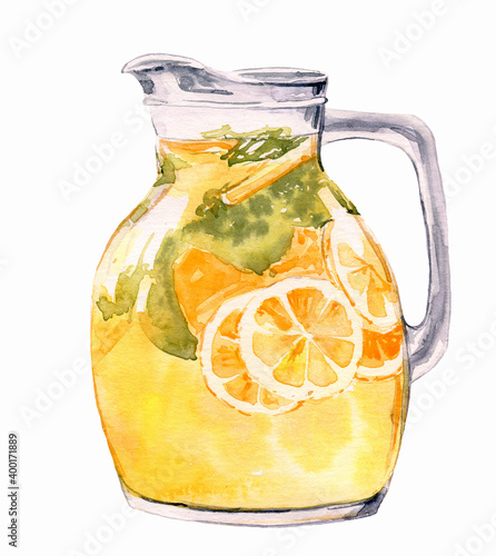 Watercolor illustration of lemon homemade lemonade in a glass jug