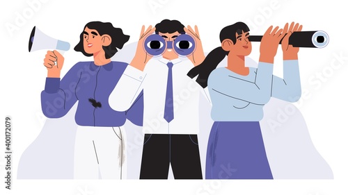 Man with binoculars, women with loudspeaker and spy glass. Concept employee, job and candidate search. People or office employees stand together and looking for new business or career opportunities. photo