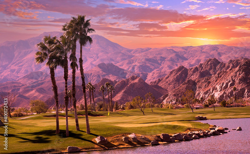 Obraz na płótnie golf courseat sunset  in palm springs, california