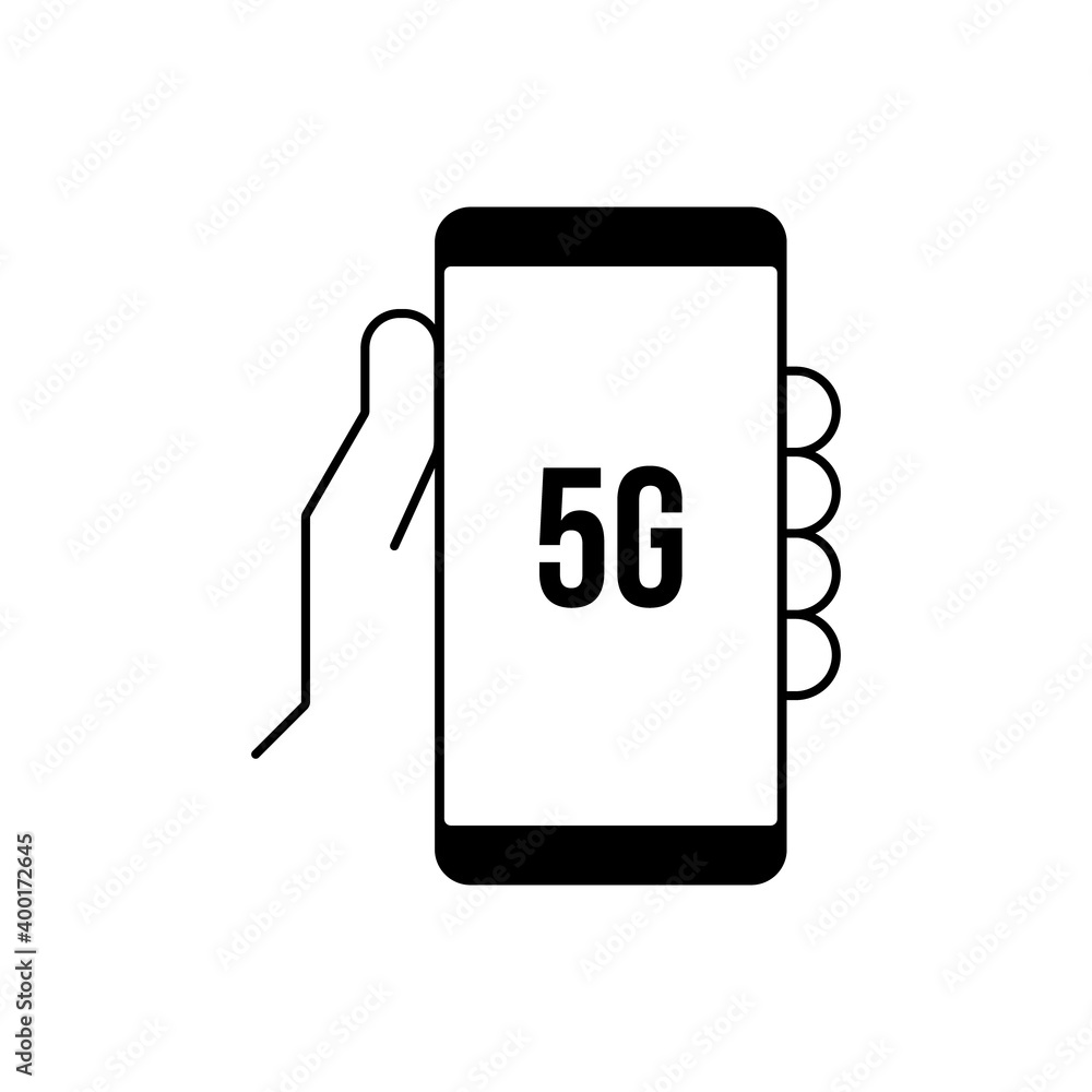 Hand holding mobile phone with 5g symbol on the screen. Vector icon. Connectivity and communication symbol. Hand holding mobile phone with 5g symbol on the screen. Vector icon. Connectivity and communication symbol.