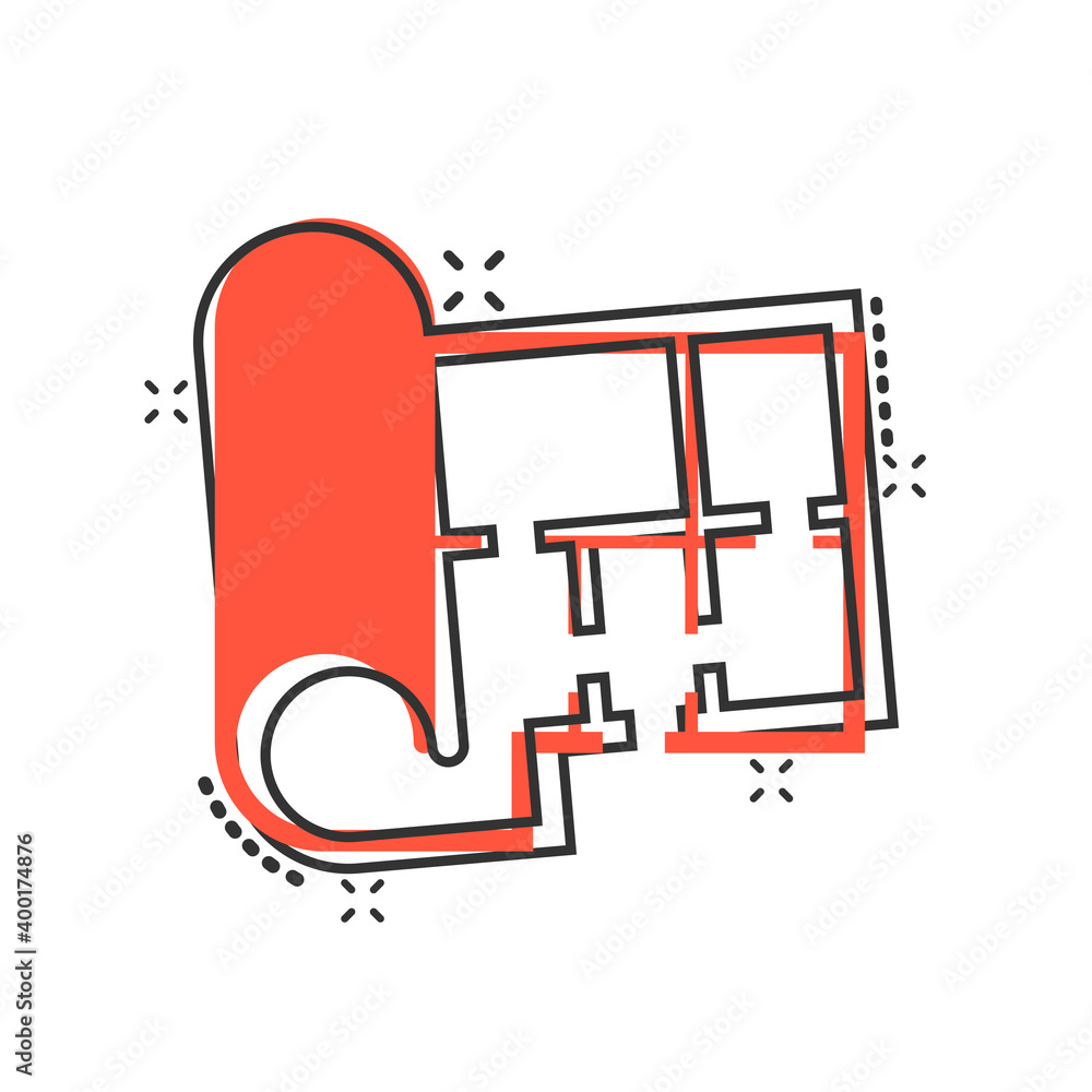 Room plan icon in comic style. Blueprint cartoon vector illustration on white isolated background. House project splash effect business concept. Room plan icon in comic style. Blueprint cartoon vector illustration on white isolated background. House project splash effect business concept.