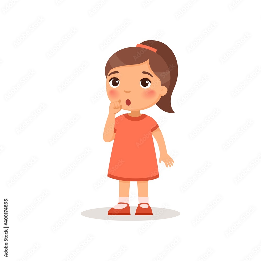 Little girl showing silence gesture flat vector illustration. Child in dress standing, thinking cartoon character. Kid with confused face expression considering. Quiet sign isolated on white