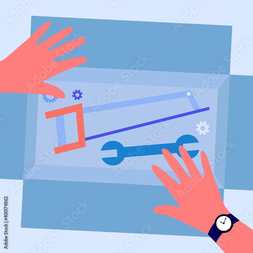 Box with repair tools. Human hands, handsaw, spanner flat vector illustration. Domestic works, handyman, home maintenance concept for banner, website design or landing web page